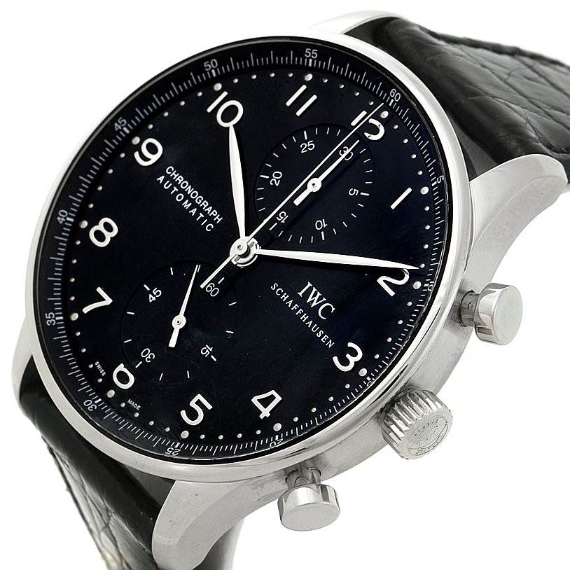 The image shows a side angle of the IWC Portuguese IW371438 Men's Stainless Steel Black Dial IW371438 Men's Stainless Steel Black Dial Chronograph Automatic watch, featuring the dial, crown, and pushers.
