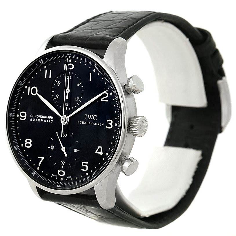 The image shows a side and front view of the IWC Portuguese IW371438 Men's Stainless Steel Black Dial IW371438 Men's Stainless Steel Black Dial Chronograph Automatic watch, highlighting its black dial and leather strap.