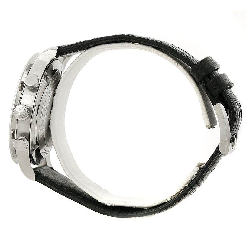 The image shows a side view of an IWC Portuguese IW371438 Men's Stainless Steel Black Dial IW371438 Men's Stainless Steel Black Dial model watch, focusing on the crown, pushers, and part of the leather strap.