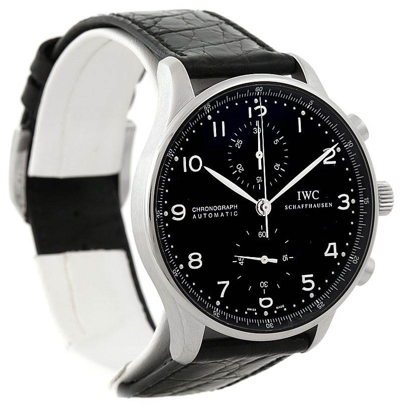 The image displays the front and side of an IWC Portuguese IW371438 Men's Stainless Steel Black Dial IW371438 Men's Stainless Steel Black Dial chronograph watch with a black dial and leather strap.