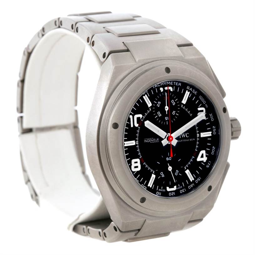This IWC Ingenieur IW372503 Men's Titanium Black Dial IW372503 Men's Titanium Black Dial watch is shown from a front-left angle, displaying its dial, bezel, and partially visible bracelet.