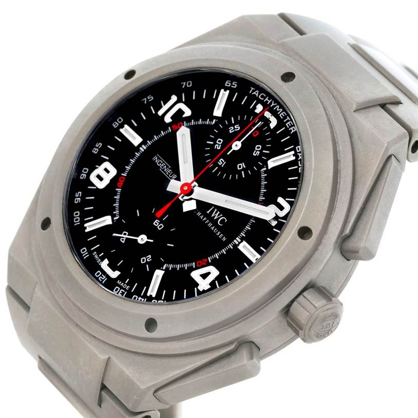 The image shows an IWC Ingenieur IW372503 Men's Titanium Black Dial IW372503 Men's Titanium Black Dial watch at a three-quarter angle, displaying the dial, bezel, case, crown, and part of the bracelet.
