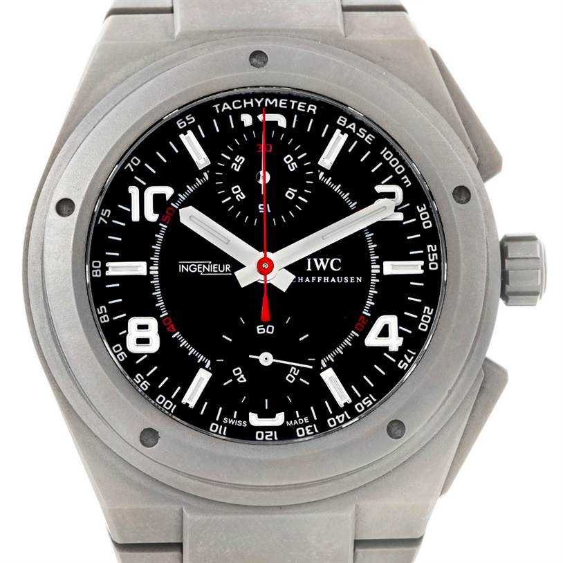 The image shows a front view of the IWC Ingenieur IW372503 Men's Titanium Black Dial IW372503 Men's Titanium Black Dial watch, highlighting the dial, bezel, and crown.