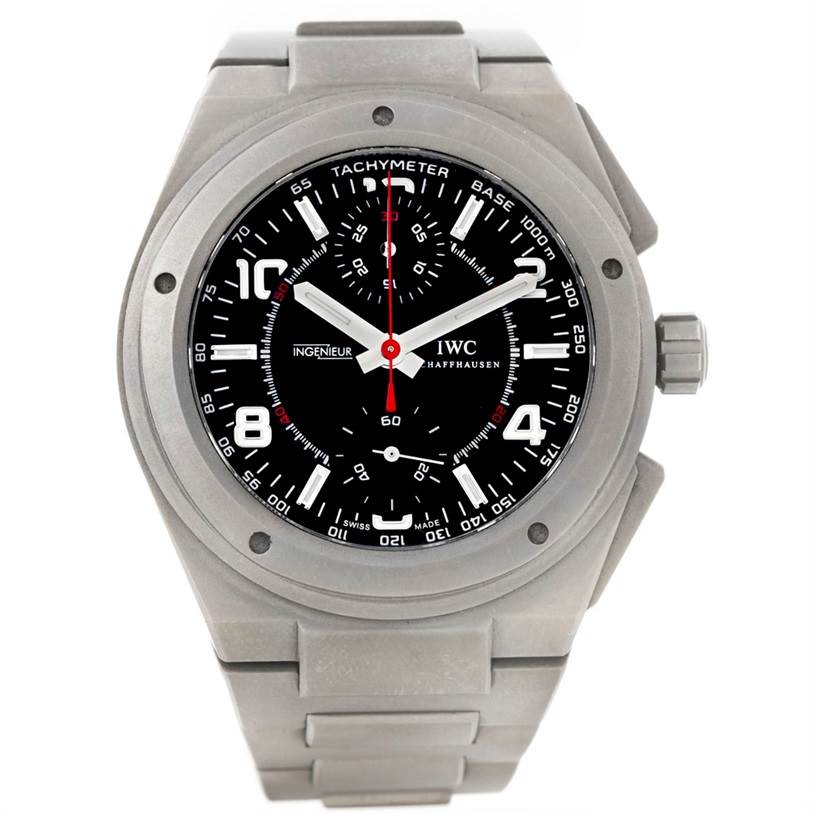 This image shows a front view of the IWC Ingenieur IW372503 Men's Titanium Black Dial IW372503 Men's Titanium Black Dial watch, highlighting its dial and bracelet.