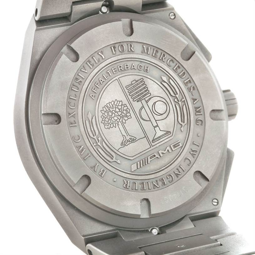 This image shows the back view of the IWC Ingenieur IW372503 Men's Titanium Black Dial IW372503 Men's Titanium Black Dial watch, highlighting the engraved case back.