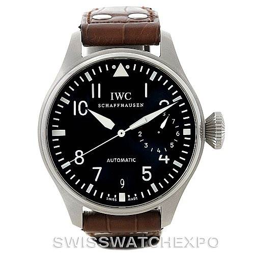 The image shows a front view of the IWC Pilot IW500401 Men's Stainless Steel Black Dial IW500401 Men's Stainless Steel Black Dial model watch, featuring a brown leather strap and a black dial with white markings.