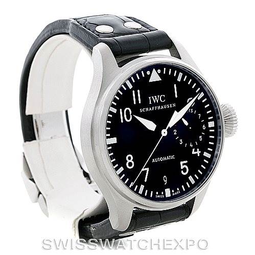 The IWC Pilot IW500901 Men's Stainless Steel Black Dial IW500901 Men's Stainless Steel Black Dial model watch is shown at a slight side angle, displaying the dial, crown, and black leather strap.