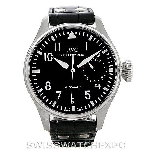 This image shows a frontal view of the IWC Pilot IW500901 Men's Stainless Steel Black Dial IW500901 Men's Stainless Steel Black Dial watch model, highlighting its dial, hands, crown, and leather strap.