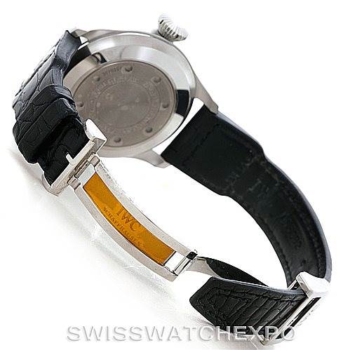 The image shows the backside and clasp of an IWC Pilot IW500901 Men's Stainless Steel Black Dial IW500901 Men's Stainless Steel Black Dial watch, highlighting the case back and the branded deployment clasp.