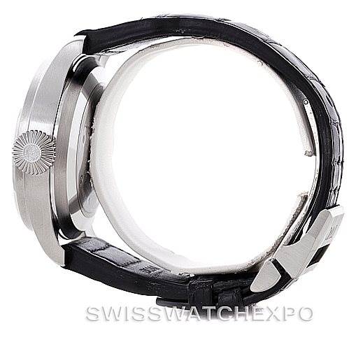 The image shows a side profile of the IWC Pilot IW500901 Men's Stainless Steel Black Dial IW500901 Men's Stainless Steel Black Dial model watch, highlighting the crown and leather strap with a deployant clasp.