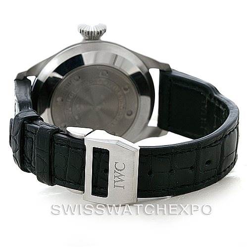 The image shows the back and strap of an IWC Pilot IW500901 Men's Stainless Steel Black Dial IW500901 Men's Stainless Steel Black Dial model watch, with emphasis on its clasp and case back.