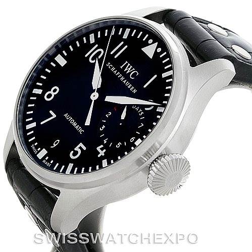 The IWC Pilot IW500901 Men's Stainless Steel Black Dial IW500901 Men's Stainless Steel Black Dial model watch is shown at a three-quarter angle, displaying the face, bezel, crown, and part of the leather strap.