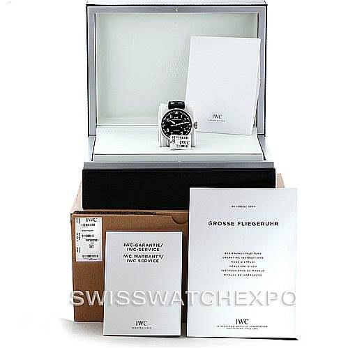 The image shows an IWC Pilot IW500901 Men's Stainless Steel Black Dial IW500901 Men's Stainless Steel Black Dial model watch with its open display box, warranty booklet, and additional documentation.