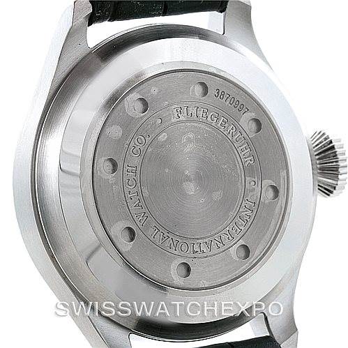 The image shows the back casing and crown of an IWC Pilot IW500901 Men's Stainless Steel Black Dial IW500901 Men's Stainless Steel Black Dial model watch.