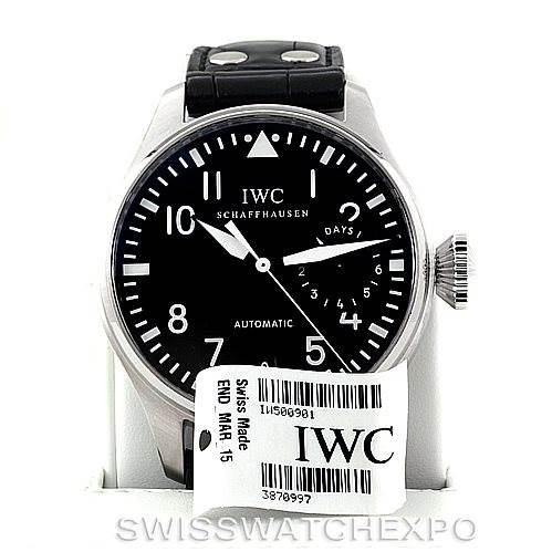 The image shows the front view of an IWC Pilot IW500901 Men's Stainless Steel Black Dial IW500901 Men's Stainless Steel Black Dial model watch, displaying the dial, hands, crown, and part of the leather strap.