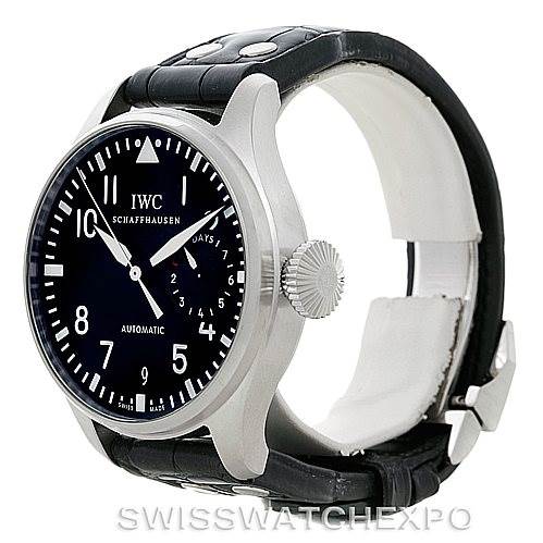 The image shows a side angle of an IWC Pilot IW500901 Men's Stainless Steel Black Dial IW500901 Men's Stainless Steel Black Dial model watch, highlighting its black dial, crown, and black leather strap.