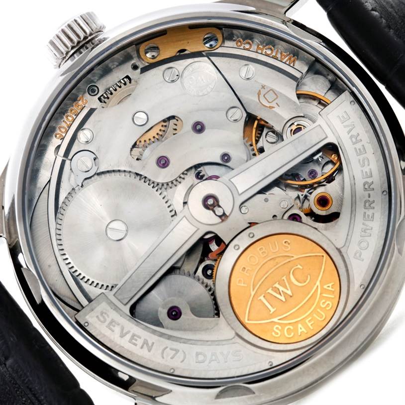 This close-up image shows the IWC Portuguese IW500107 Men's Stainless Steel Silver Dial IW500107 Men's Stainless Steel Silver Dial watch's intricate internal mechanism from the backside.