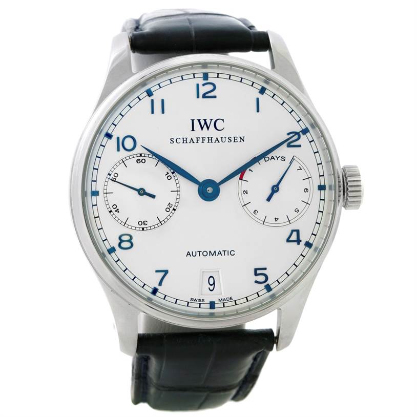 This image shows a front view of an IWC Portuguese IW500107 Men's Stainless Steel Silver Dial IW500107 Men's Stainless Steel Silver Dial model watch, displaying its dial, hands, subdials, and leather strap.