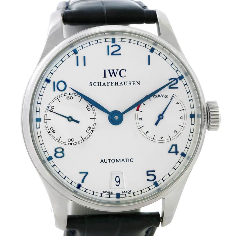 This is a frontal view of the IWC Portuguese IW500107 Men's Stainless Steel Silver Dial IW500107 Men's Stainless Steel Silver Dial model watch, showing its dial, lugs, crown, and black leather strap.