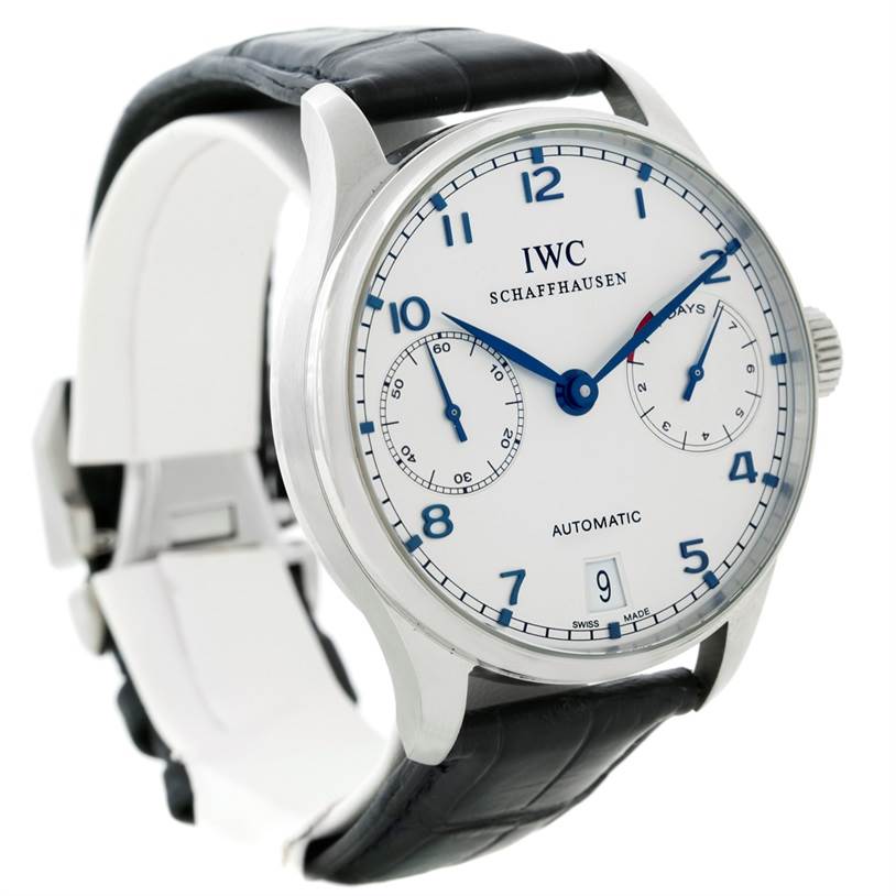 The image displays an IWC Portuguese IW500107 Men's Stainless Steel Silver Dial IW500107 Men's Stainless Steel Silver Dial watch at an angled front view, showing the dial, blue numerals, subdials, and leather strap.