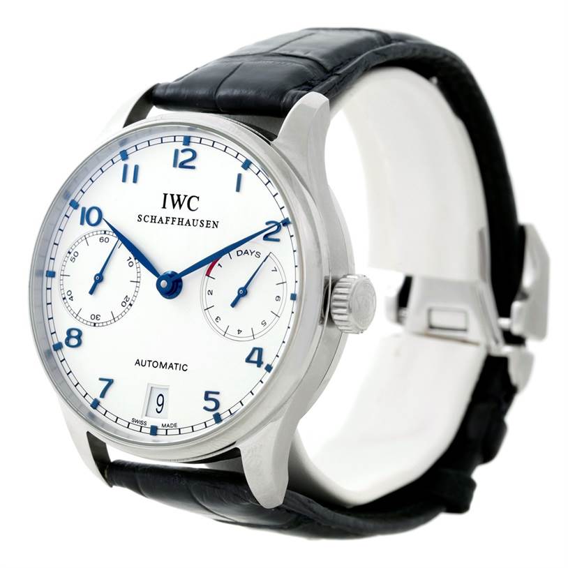 This image shows an IWC Portuguese IW500107 Men's Stainless Steel Silver Dial IW500107 Men's Stainless Steel Silver Dial automatic watch, angled from the front-left, displaying its face, crown, and black leather strap.