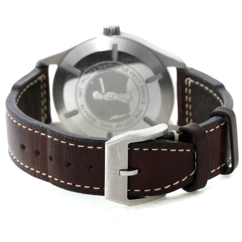 The image shows the backside and leather strap with buckle of an IWC Pilot IW326506 Men's Stainless Steel Blue Dial IW326506 Men's Stainless Steel Blue Dial model watch.