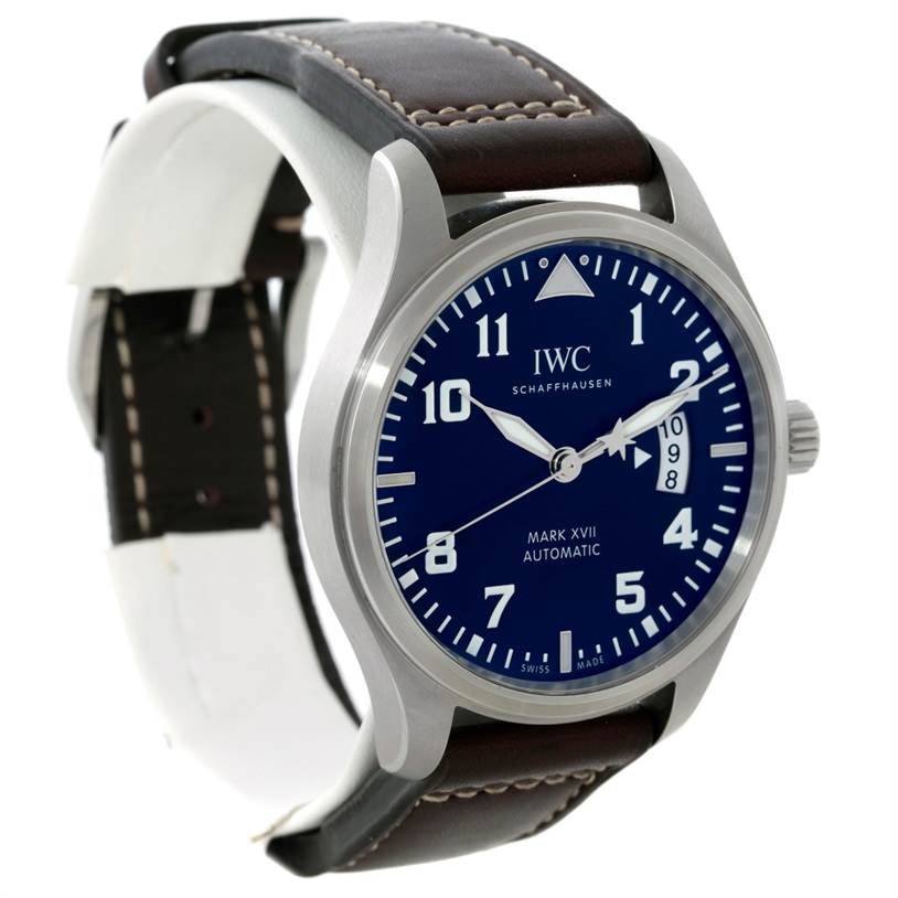 The IWC Pilot IW326506 Men's Stainless Steel Blue Dial IW326506 Men's Stainless Steel Blue Dial Mark XVII watch is shown at a three-quarter angle, featuring its dial, case, crown, and leather strap.
