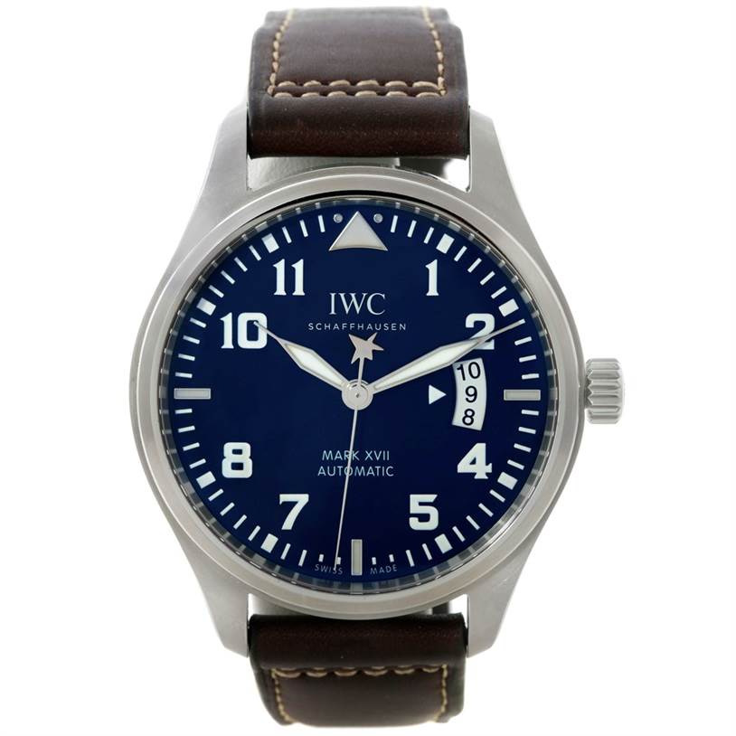 The IWC Pilot IW326506 Men's Stainless Steel Blue Dial IW326506 Men's Stainless Steel Blue Dial Mark XVII model is shown from a front angle, displaying the face, dial, hands, and leather strap.