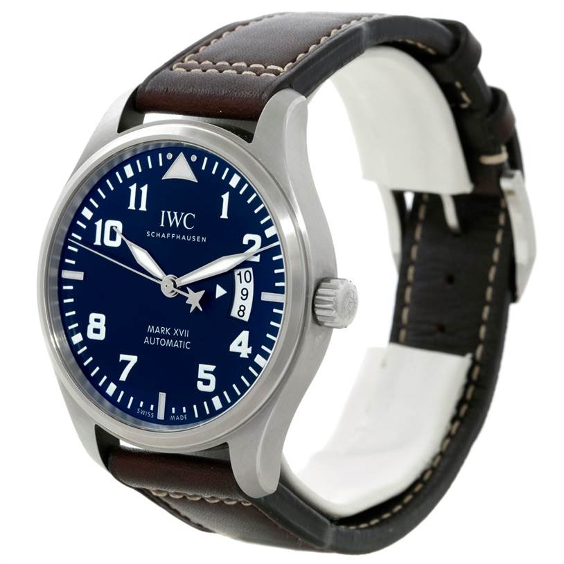 The IWC Pilot IW326506 Men's Stainless Steel Blue Dial IW326506 Men's Stainless Steel Blue Dial Mark XVII watch is shown at a slight angle, highlighting its face, case, and brown leather strap.