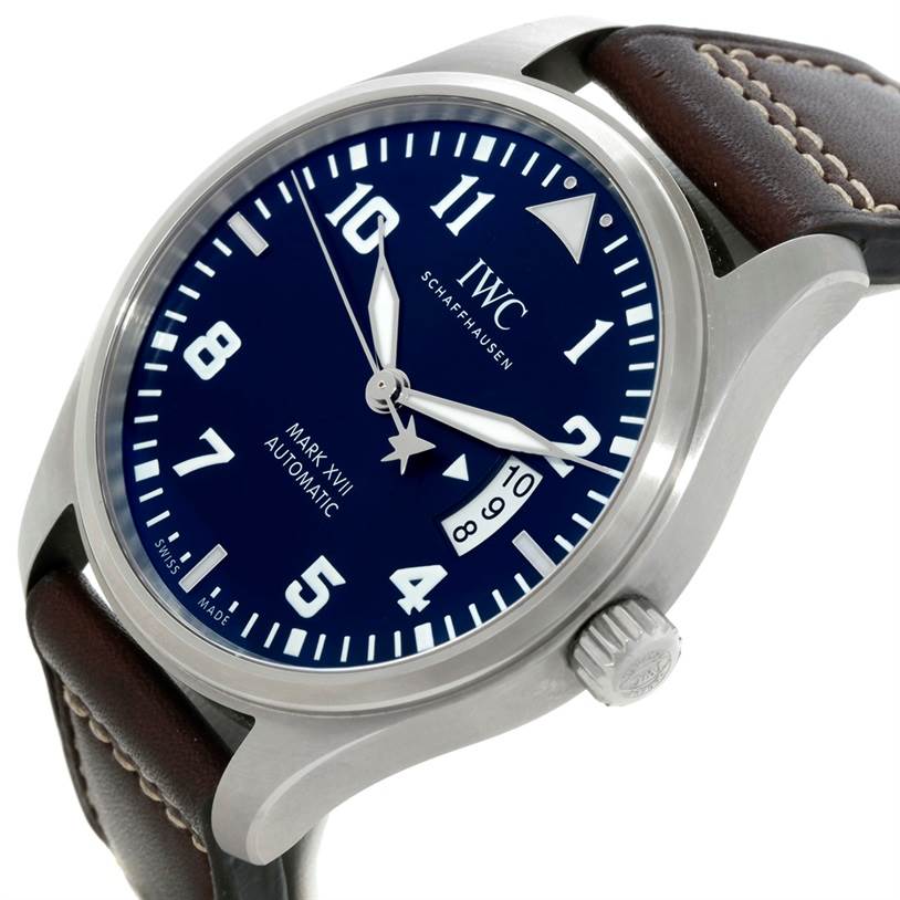 This image shows the front and side view of the IWC Pilot IW326506 Men's Stainless Steel Blue Dial IW326506 Men's Stainless Steel Blue Dial Mark XVII Automatic watch, including the dial, crown, and leather strap.