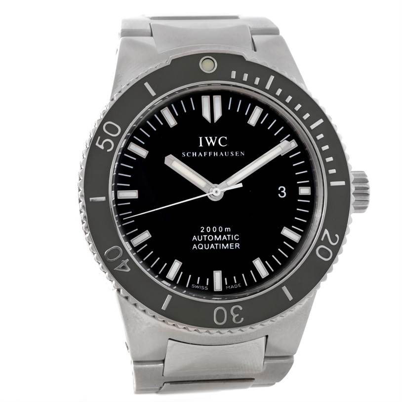 The image shows a front angle of an IWC GST IW353602 Men's Stainless Steel Black Dial IW353602 Men's Stainless Steel Black Dial watch, highlighting the dial, bezel, and part of the bracelet.
