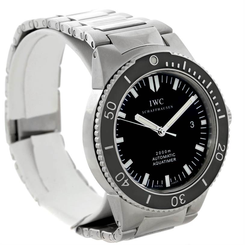 The IWC GST IW353602 Men's Stainless Steel Black Dial IW353602 Men's Stainless Steel Black Dial watch is shown at an angled view, displaying the bezel, face, and metal bracelet.