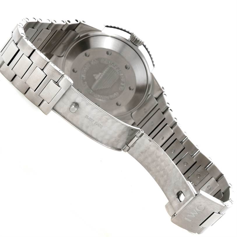 The image shows the backside and clasp of the IWC GST IW353602 Men's Stainless Steel Black Dial IW353602 Men's Stainless Steel Black Dial model watch with a stainless steel bracelet.