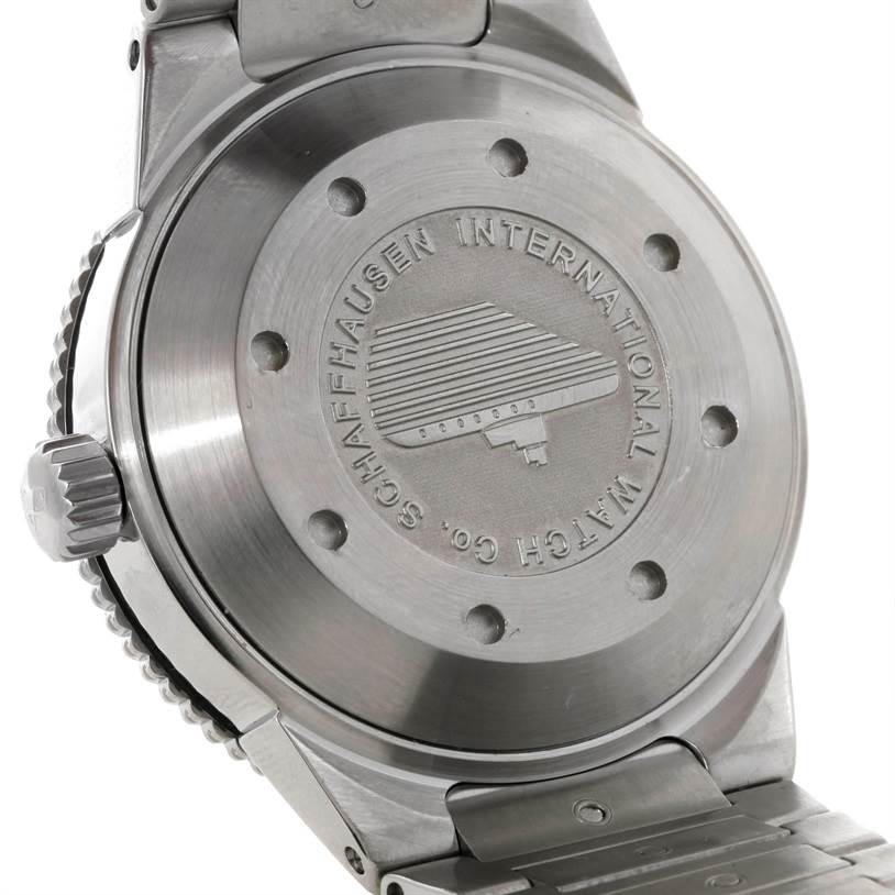 The image shows the back case and part of the metal bracelet of the IWC GST IW353602 Men's Stainless Steel Black Dial IW353602 Men's Stainless Steel Black Dial model watch.