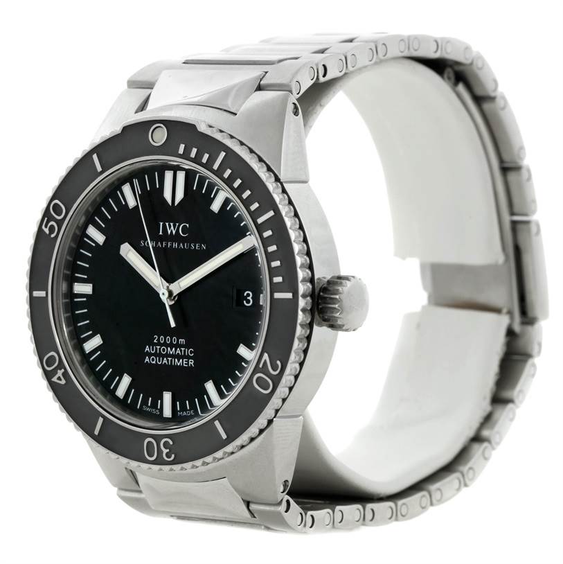 The image shows an IWC GST IW353602 Men's Stainless Steel Black Dial IW353602 Men's Stainless Steel Black Dial model watch at an angle highlighting its face, bezel, crown, and bracelet.