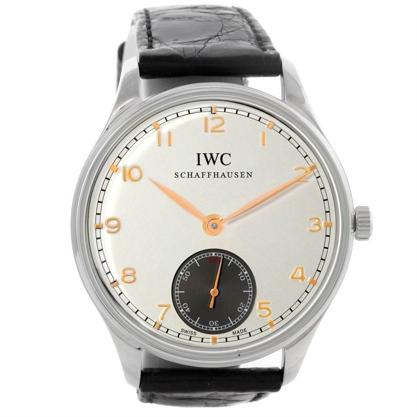 The image shows a frontal view of the IWC Portuguese IW545405 Men's Stainless Steel Silver Dial IW545405 Men's Stainless Steel Silver Dial model watch, highlighting the dial, hands, and strap.
