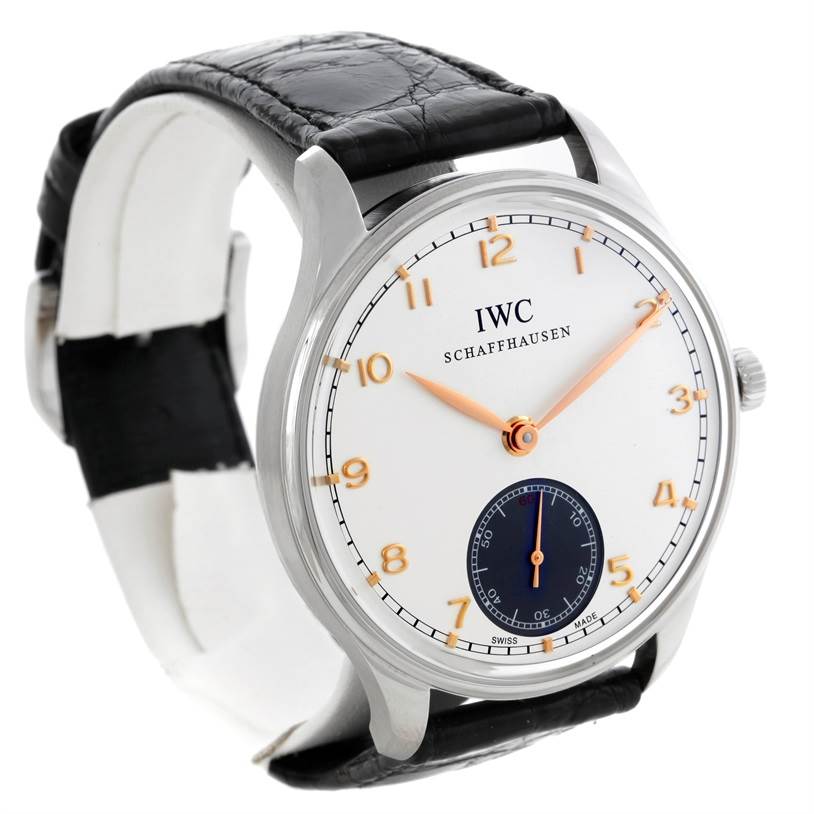 The IWC Portuguese IW545405 Men's Stainless Steel Silver Dial IW545405 Men's Stainless Steel Silver Dial model watch is shown from a front angle, highlighting the dial, hands, numerals, and leather strap.