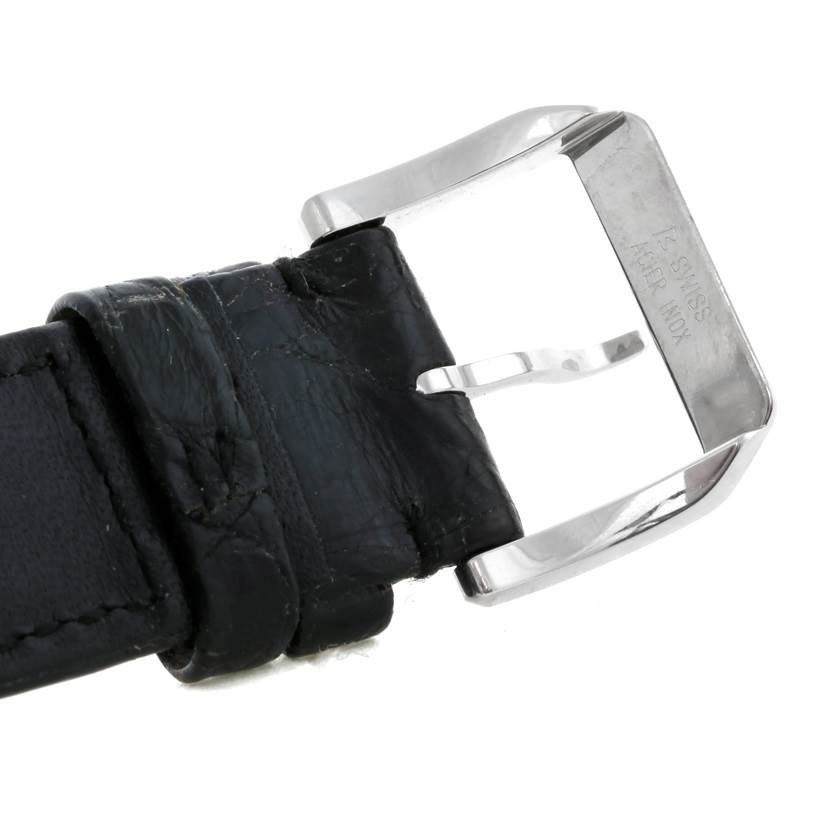This image shows the buckle and part of the leather strap of an IWC Portuguese IW545405 Men's Stainless Steel Silver Dial IW545405 Men's Stainless Steel Silver Dial model watch.