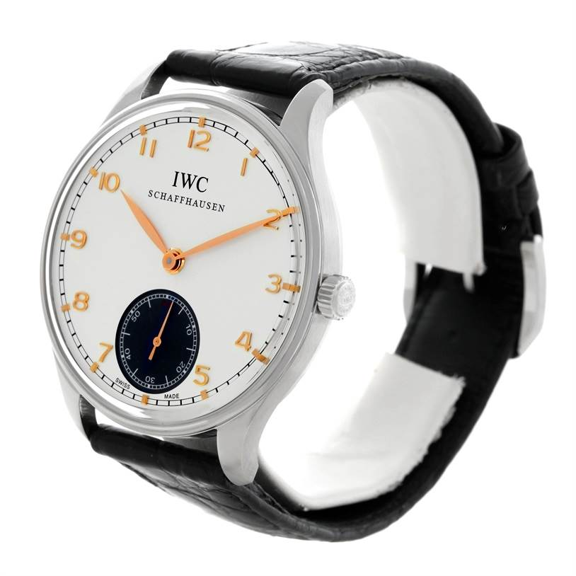 This IWC Portuguese IW545405 Men's Stainless Steel Silver Dial IW545405 Men's Stainless Steel Silver Dial model watch is shown at a slight angle, displaying its face, bezel, crown, and leather strap.