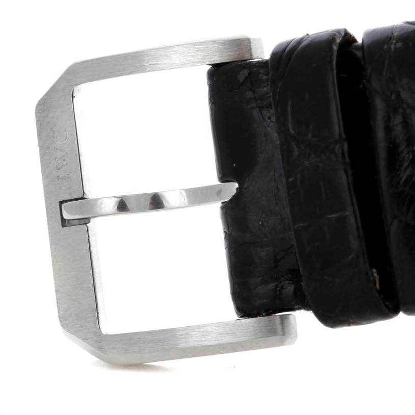 The image shows the buckle and leather strap of an IWC Portuguese IW545405 Men's Stainless Steel Silver Dial IW545405 Men's Stainless Steel Silver Dial model watch from a close-up angle.