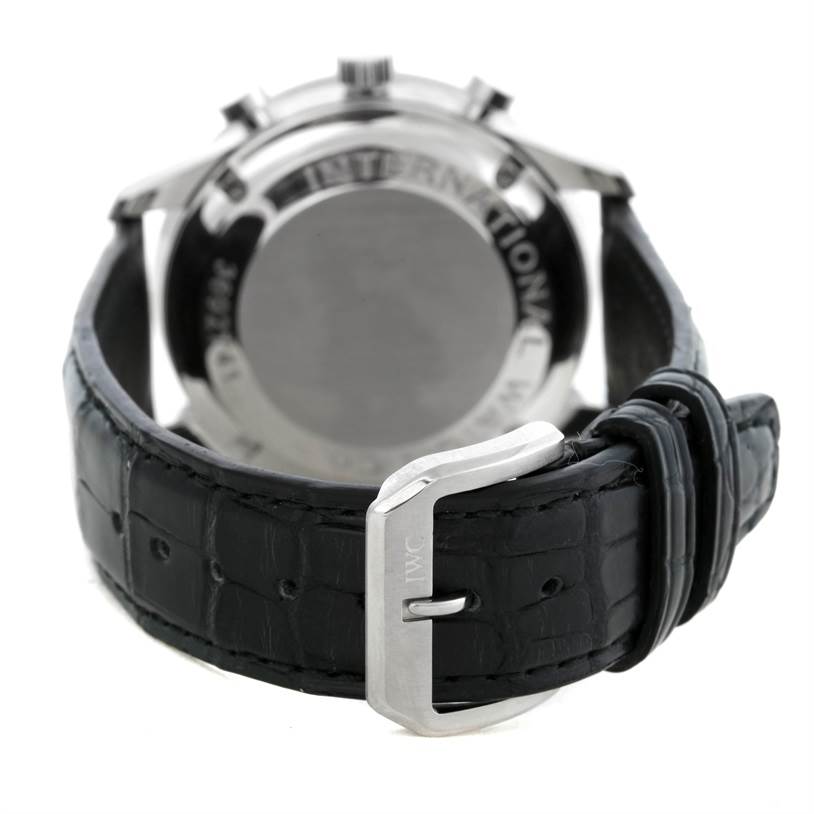 The image shows the back case and leather strap of an IWC Portuguese IW371447 Men's Stainless Steel Black Dial IW371447 Men's Stainless Steel Black Dial watch, highlighting the clasp and case back.
