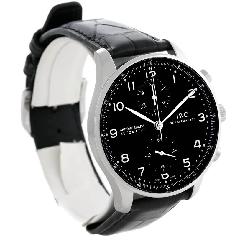 This image shows a side angle view of the IWC Portuguese IW371447 Men's Stainless Steel Black Dial IW371447 Men's Stainless Steel Black Dial Chronograph watch, highlighting its black dial and leather strap.