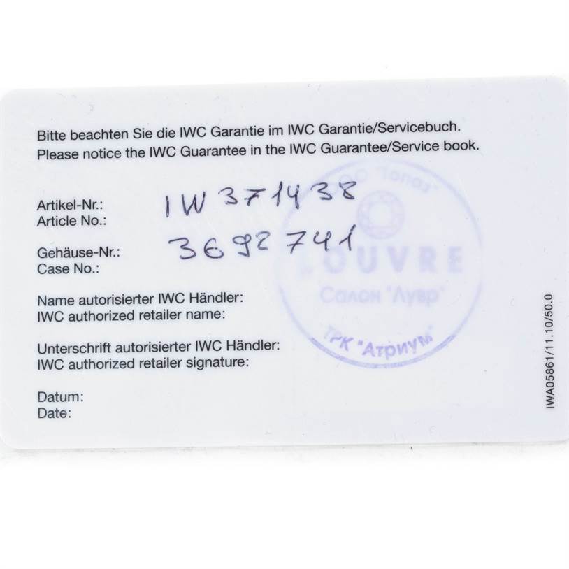 This image shows an IWC Guarantee card for the IWC Portuguese IW371447 Men's Stainless Steel Black Dial IW371447 Men's Stainless Steel Black Dial model watch, displaying the article and case numbers.