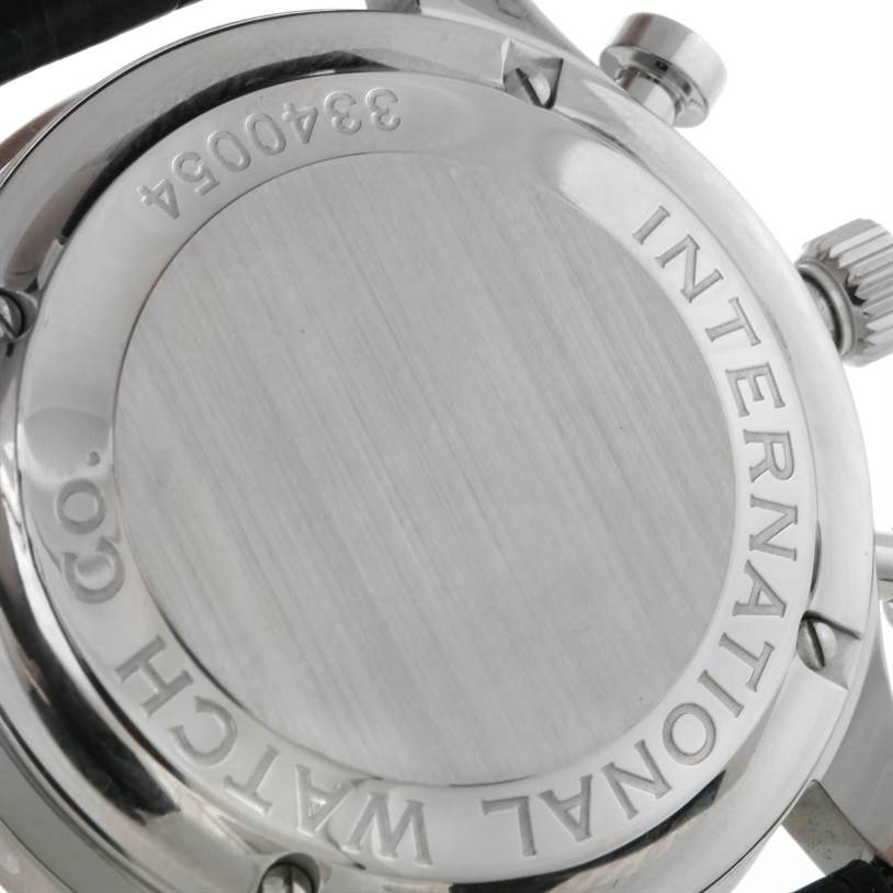 This is a close-up image of the back case of an IWC Portuguese IW371445 Men's Stainless Steel Silver Dial IW371445 Men's Stainless Steel Silver Dial model watch.
