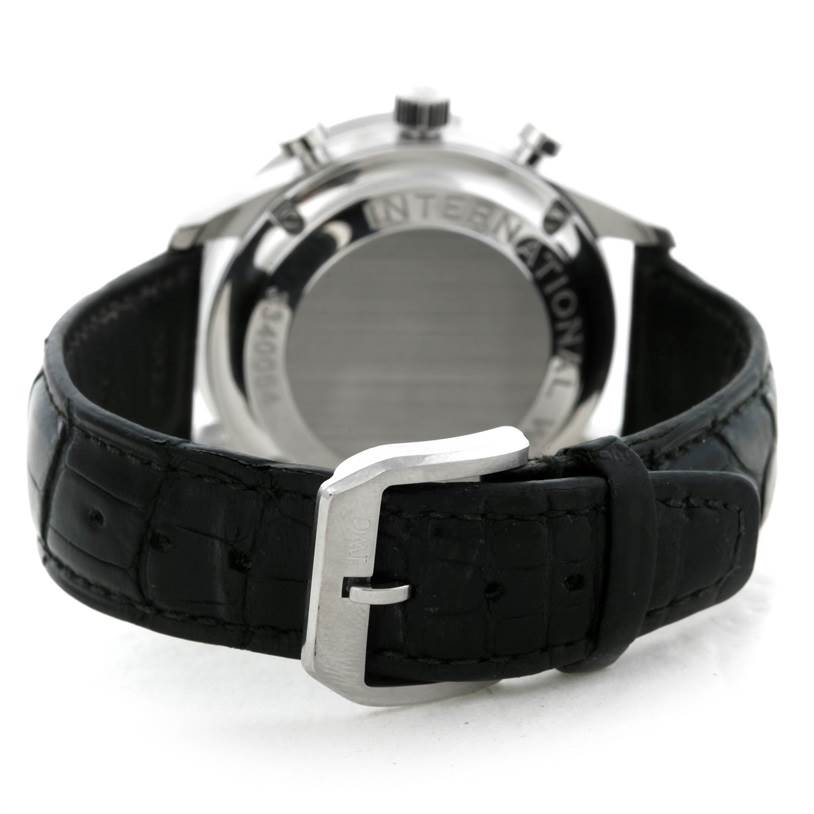 This image shows the backside and buckle of the IWC Portuguese IW371445 Men's Stainless Steel Silver Dial IW371445 Men's Stainless Steel Silver Dial model watch with a black leather strap.