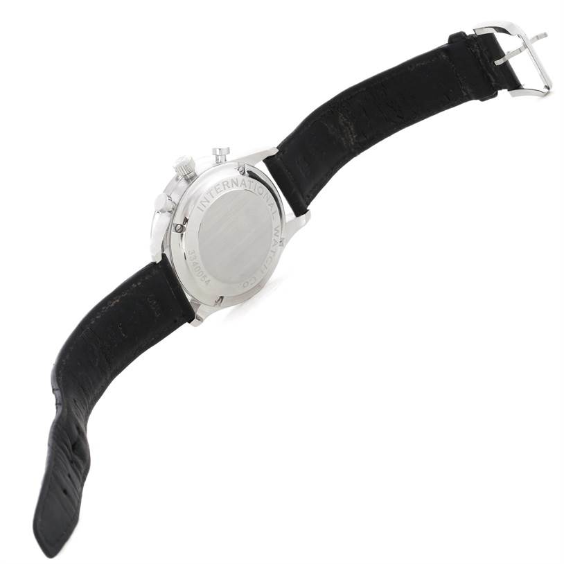 The image shows the back case and leather strap of the IWC Portuguese IW371445 Men's Stainless Steel Silver Dial IW371445 Men's Stainless Steel Silver Dial model watch from a rear angle.