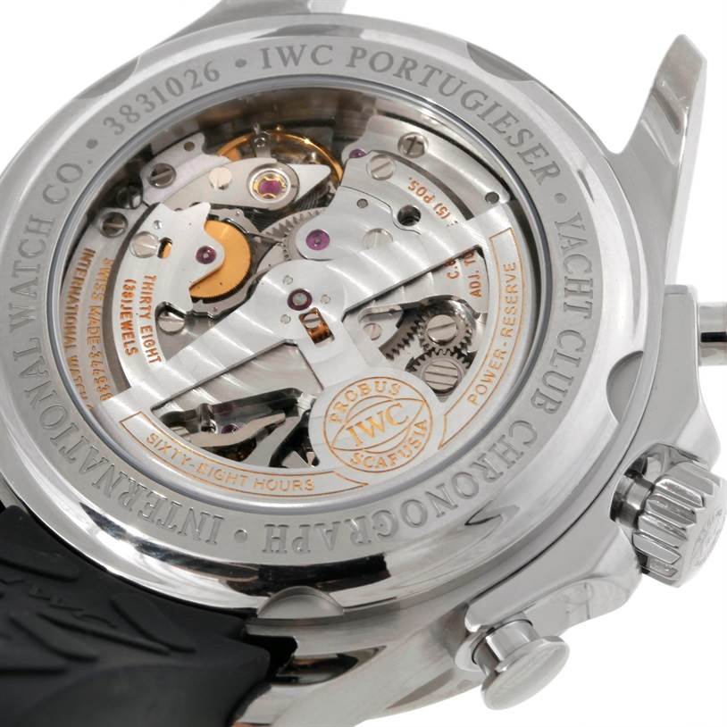 The image shows the back case of the IWC Portugieser Yacht Club Chronograph, displaying its inner mechanical components.