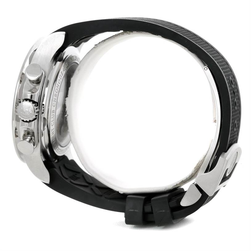 Side view of the IWC Portuguese IW390210 Men's Stainless Steel Black Dial IW390210 Men's Stainless Steel Black Dial model, showing the crown, pushers, case back, and black strap with clasp.