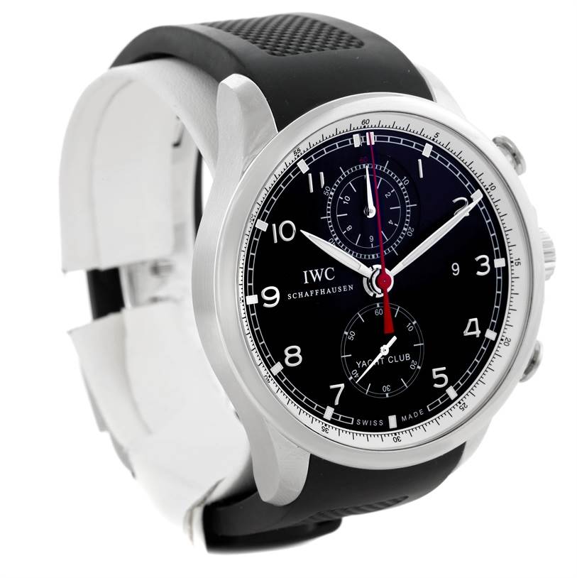 The IWC Portuguese IW390210 Men's Stainless Steel Black Dial IW390210 Men's Stainless Steel Black Dial Yacht Club watch is shown from an angled front view, highlighting the dial and chronograph sub-dials.