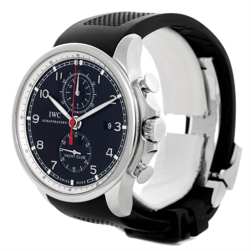 The image shows a front-side angle of an IWC Portuguese IW390210 Men's Stainless Steel Black Dial IW390210 Men's Stainless Steel Black Dial Yacht Club Chronograph watch, highlighting the dial, crown, and rubber strap.